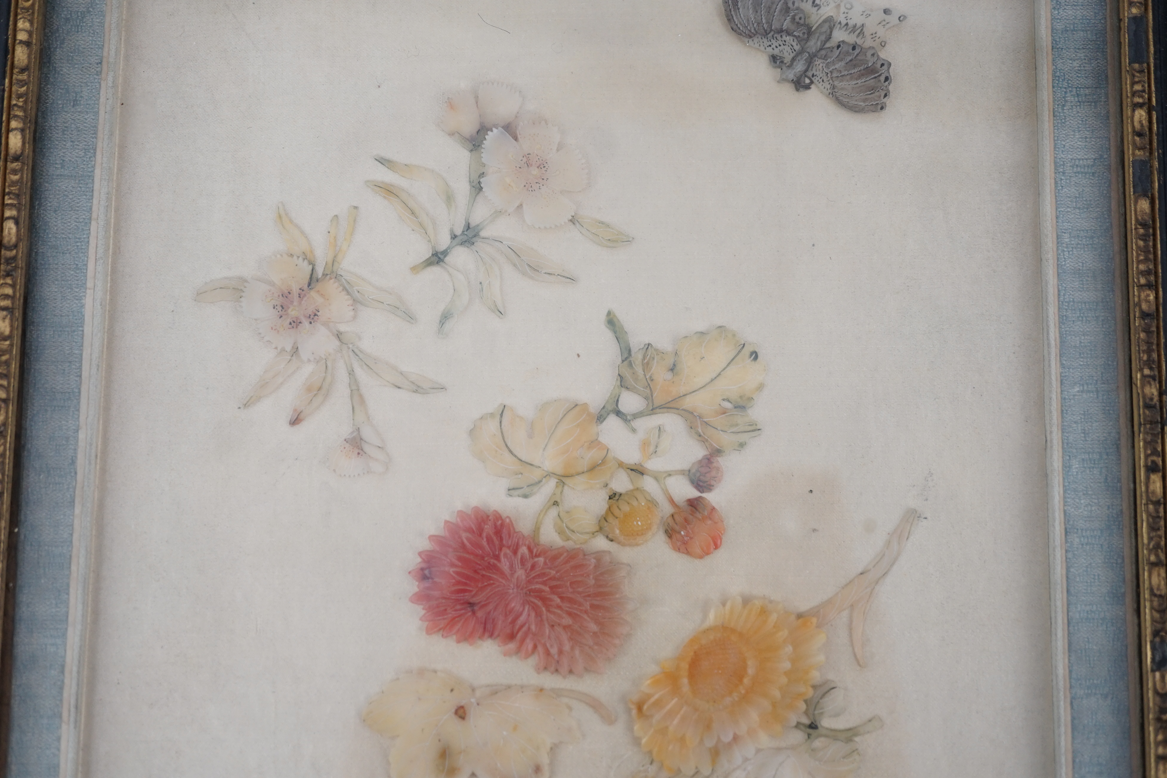 A pair of Chinese hardstone or soapstone appliqué work pictures of antiques, early 20th century